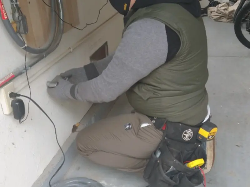 Electrician performing outlet wiring in a Bennington garage